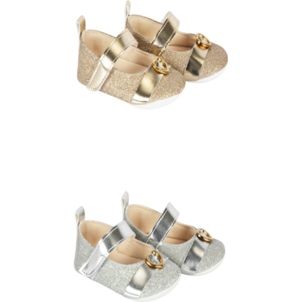 👶✨ لأول خطواتها... لمعة أميرة! حذاء بيبي فاخر بلمعة ذهبية وفضية – أناقة من أول نظرة 💫